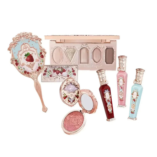 Strawberry Rococo Series Makeup Set Glitter Matte Eyeshadow Palette Blusher Power Velvet Lipstick Kit
